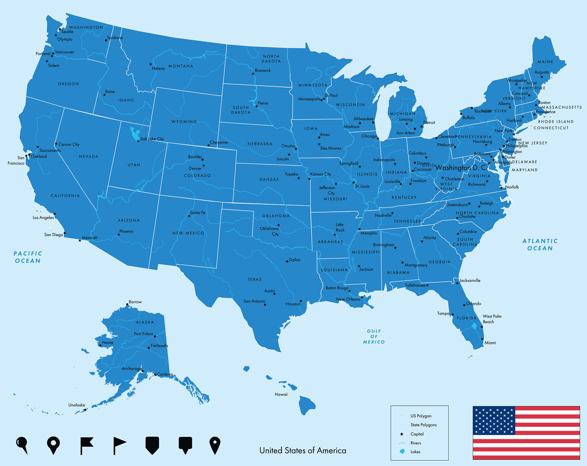 Map of USA in Blue Color with Vector Illustration